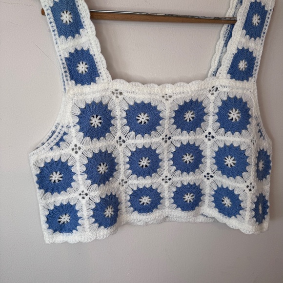 Altar'd State Crochet Crop Knit Top Boho Festival Granny Square Blue & White - Picture 2 of 5